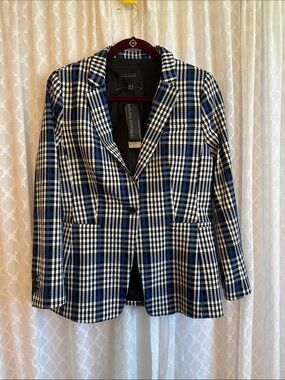 #892 Banana Republic Blue, Black & White Plaid Single-Button Blazer
